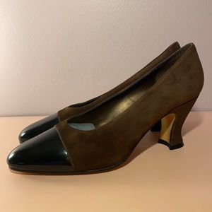 Neiman Marcus Brown Suede, Cap Yoe, Victorian Heel, Chanel inspired Pump Heel